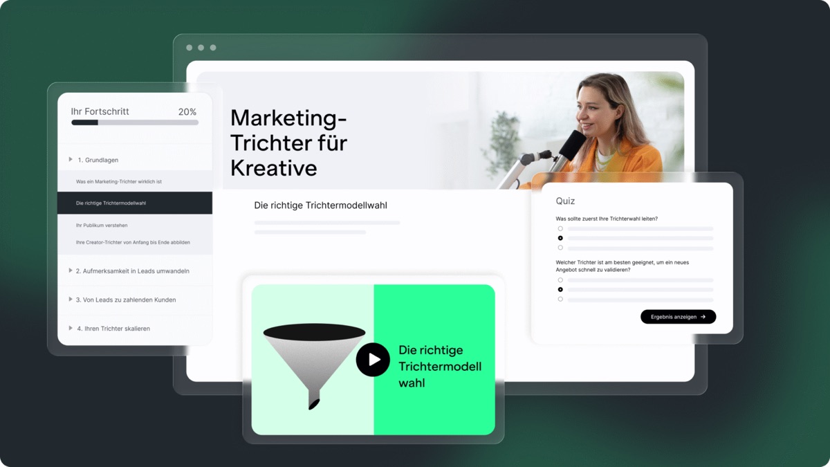 ablefy-Oberfläche: Kursbereich mit Lektionen, Fortschritt und Quiz