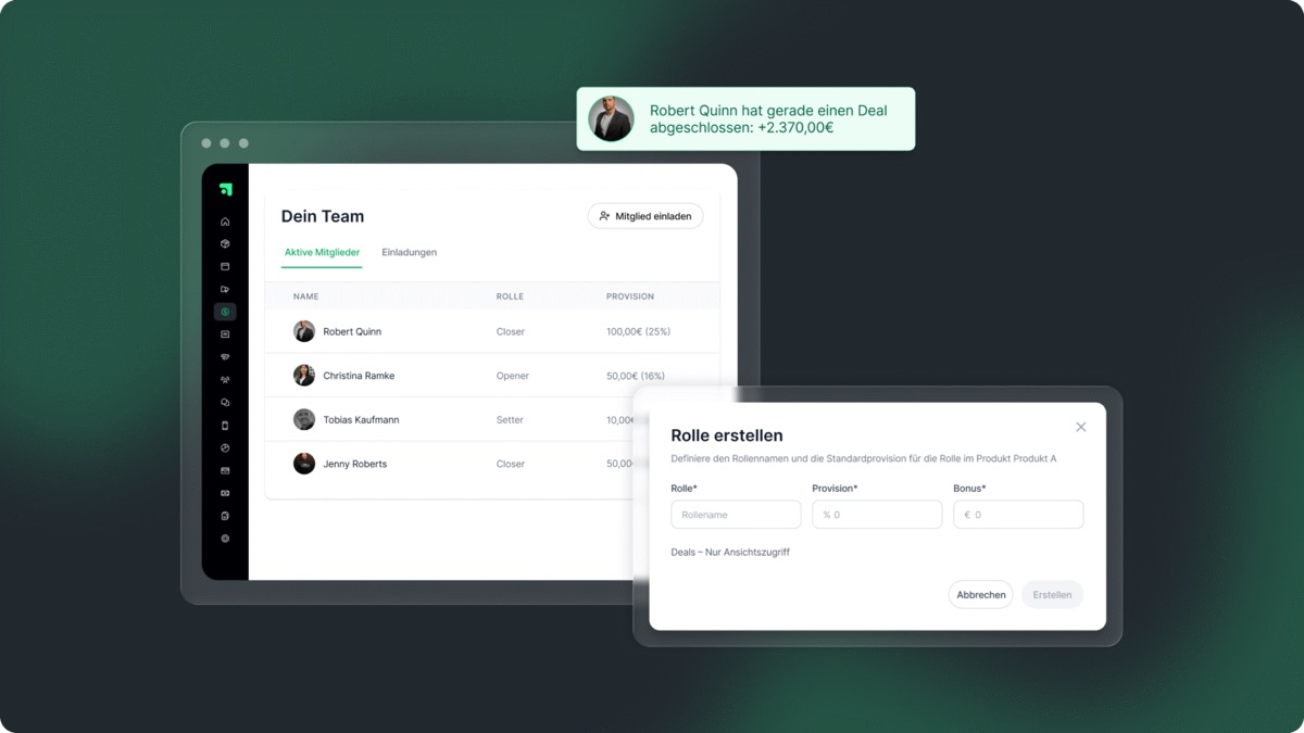 ablefy-Oberfläche: Teamübersicht mit Rollen und Provisionen